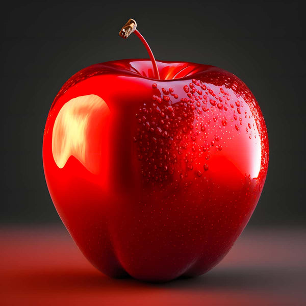 Glänzender roter Apfel mit Tautropfen auf der Oberfläche vor einem dunklen Hintergrund – entspannendes Malen nach Zahlen Bild.