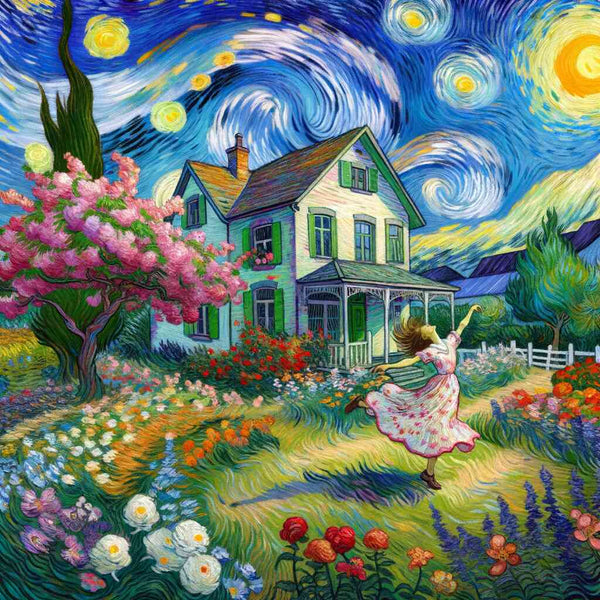 Malen nach Zahlen - Sternennacht Flüstern: Woman dancing in vibrant garden under starry night sky, inspired by Van Gogh's Starry Night.