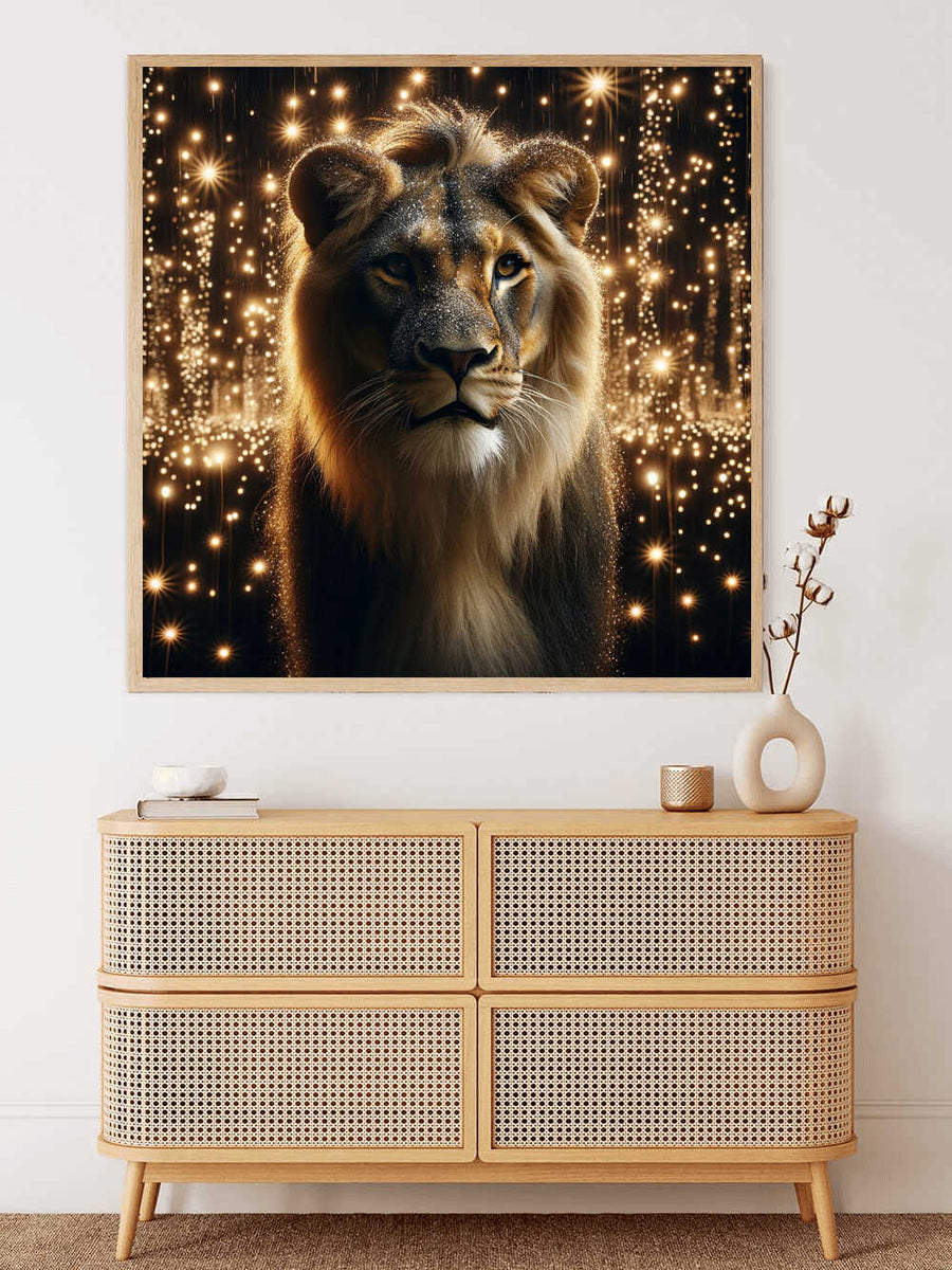 "Malen nach Zahlen Sternenmähne - funkelndes Löwenbild an der Wand eines modernen Wohnzimmers, beruhigende Malerei"