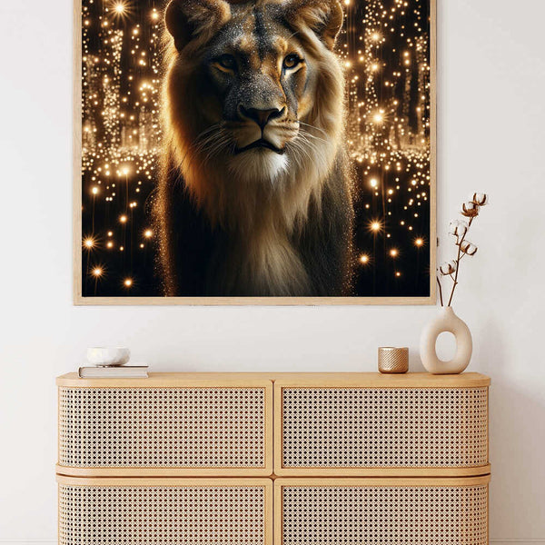 "Malen nach Zahlen Sternenmähne - funkelndes Löwenbild an der Wand eines modernen Wohnzimmers, beruhigende Malerei"