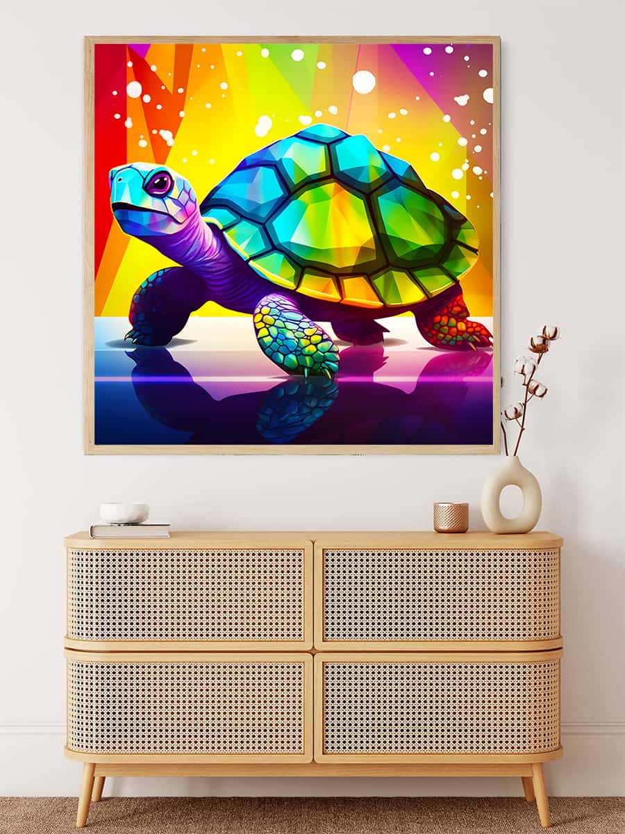 Malen nach Zahlen Diamant Schildkröte Wandkunst über Kommode in modernem Wohnzimmer