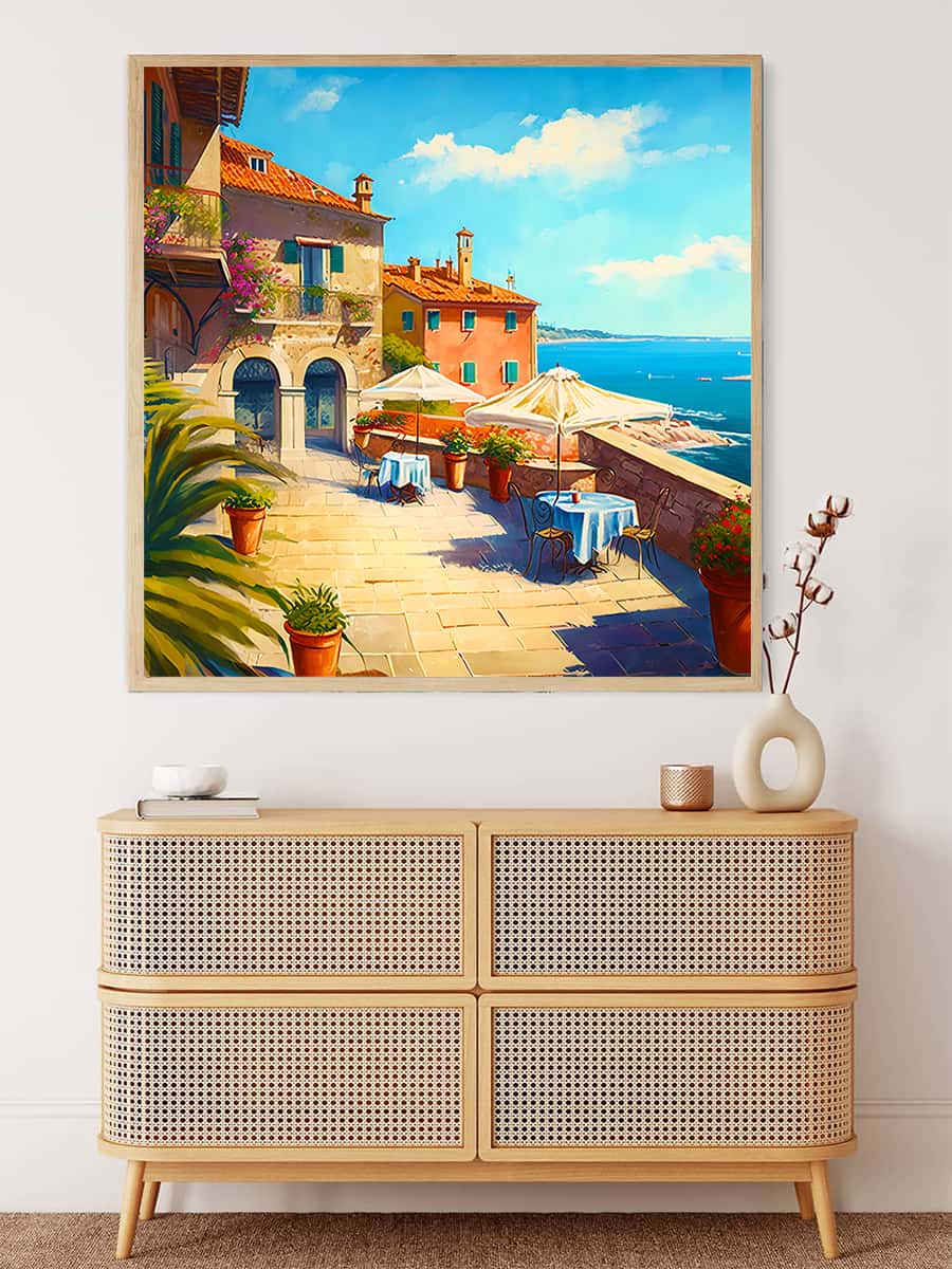 Malen nach Zahlen - Terasse am Meer Wandkunst, mediterrane Szene, sonnige Meerblick-Terrasse, entspannende Malerei für Wohnzimmerdekor.