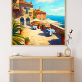 Malen nach Zahlen - Terasse am Meer Wandkunst, mediterrane Szene, sonnige Meerblick-Terrasse, entspannende Malerei für Wohnzimmerdekor.