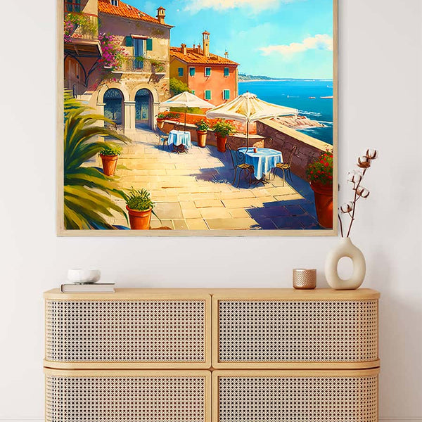 Malen nach Zahlen - Terasse am Meer Wandkunst, mediterrane Szene, sonnige Meerblick-Terrasse, entspannende Malerei für Wohnzimmerdekor.