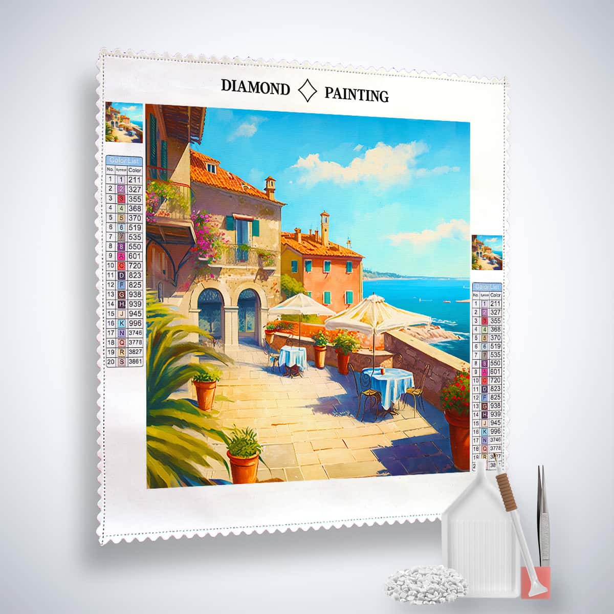 Diamond Painting Kit - Terasse am Meer featuring a scenic terrace by the sea with included acrylic diamonds, professional canvas, and artist tools.
