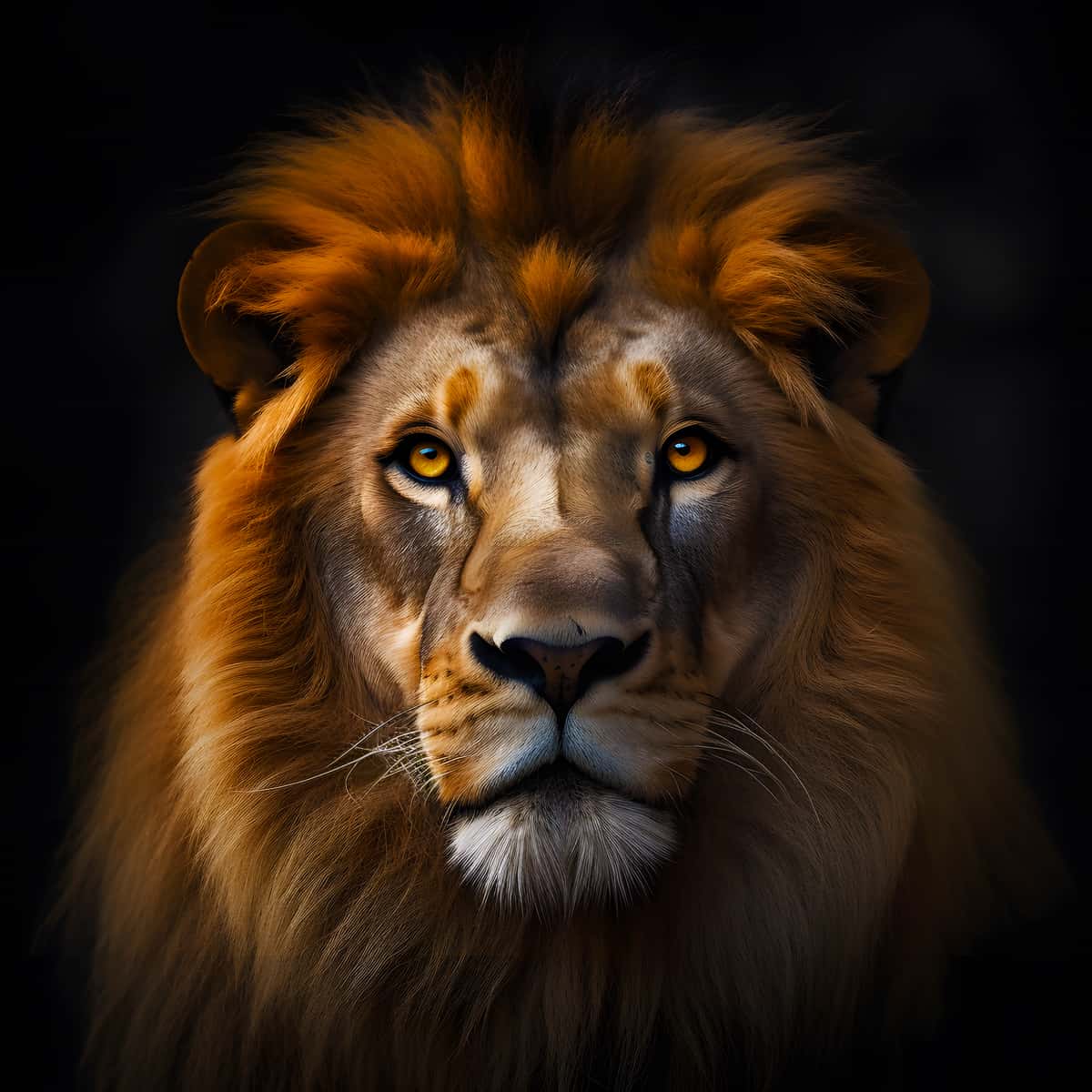 Close-up of a lion's face with a frontal gaze, perfect for paint by numbers kit, showcasing intricate details and majestic features.