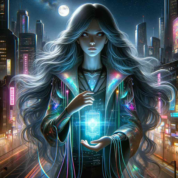 Cyber-Diva under moonlight, holding glowing device, in futuristic cityscape for Malen nach Zahlen painting