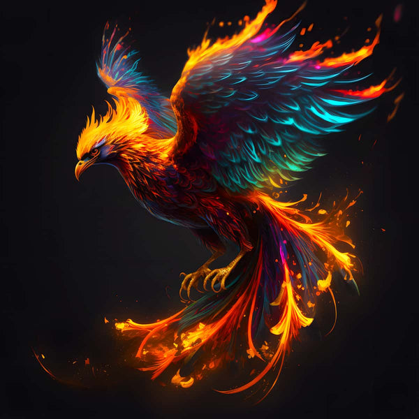 A vibrant phoenix with multicolored, fiery wings soaring against a dark background, symbolizing the art of Malen nach Zahlen.