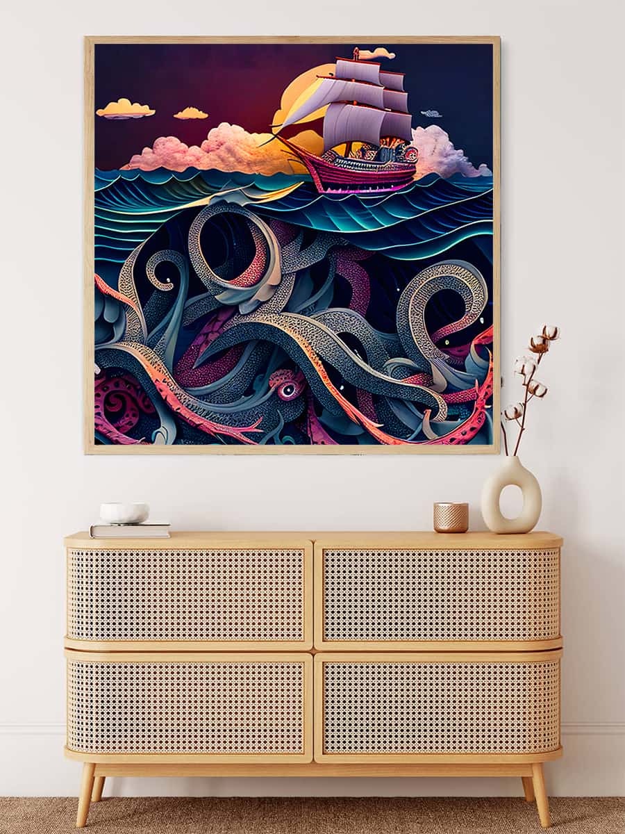 Malen nach Zahlen - Raue See Paperart Blau - Wanddekoration mit Schiff und Ozeanmotiv über einer Kommode