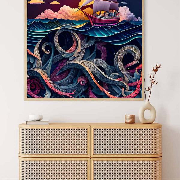 Malen nach Zahlen - Raue See Paperart Blau - Wanddekoration mit Schiff und Ozeanmotiv über einer Kommode