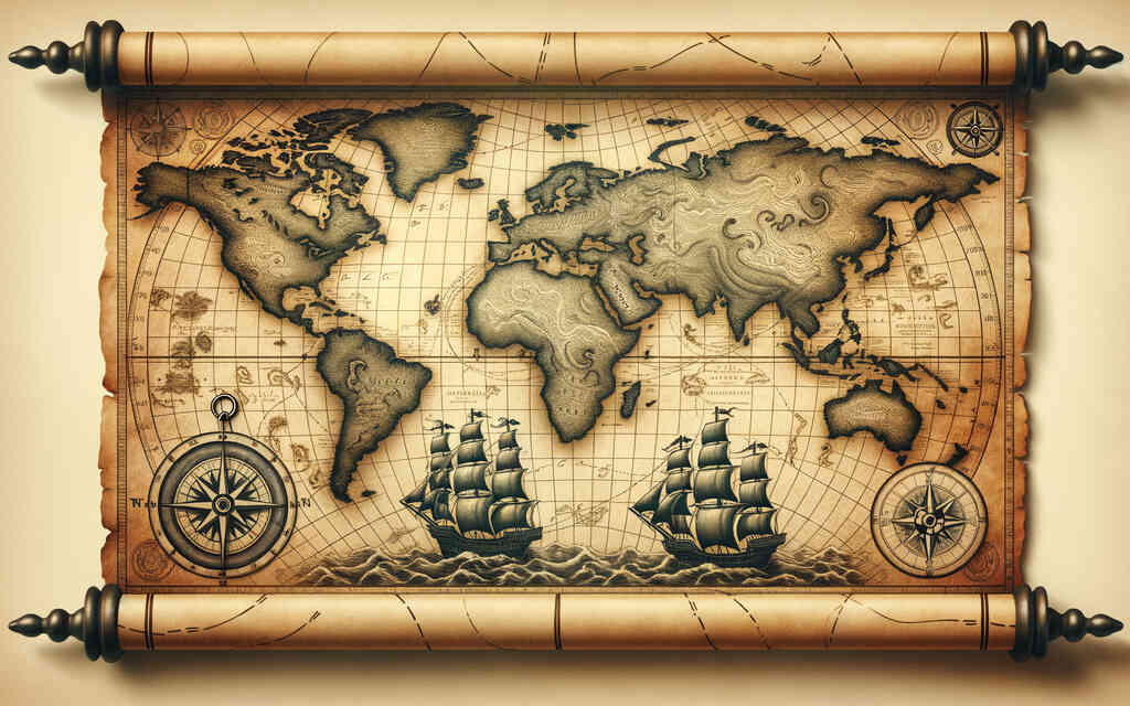 Sepiafarbene historische Weltkarte mit Segelschiffen und Kompassen im Stil der Alten Weltenmeere.