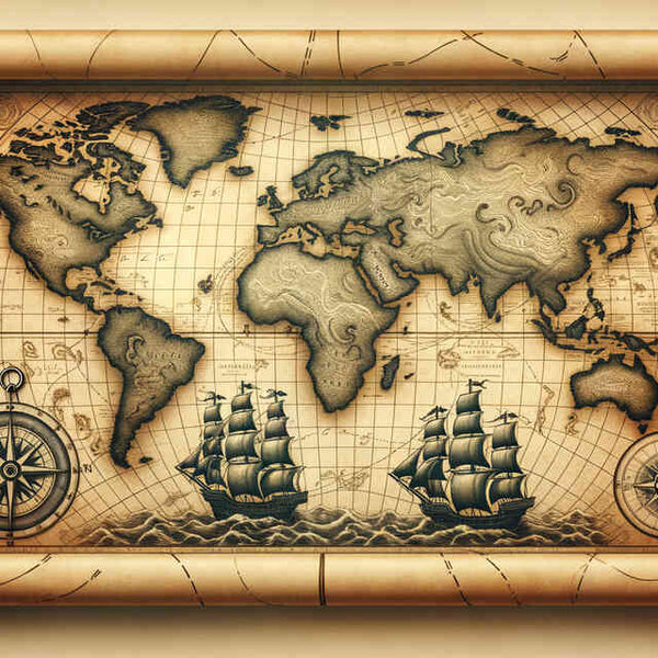 Sepiafarbene historische Weltkarte mit Segelschiffen und Kompassen im Stil der Alten Weltenmeere.