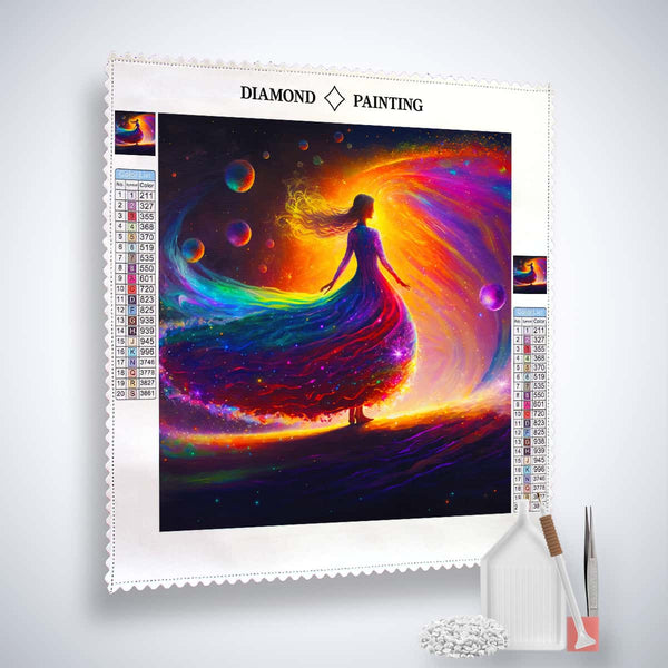 Diamond Painting Kit showing a woman in a neon rainbow dress with included tools and acrylic diamonds.
