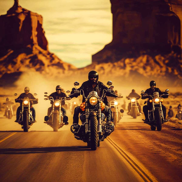 Group of motorcyclists riding through a desert landscape with rocky formations in the background.