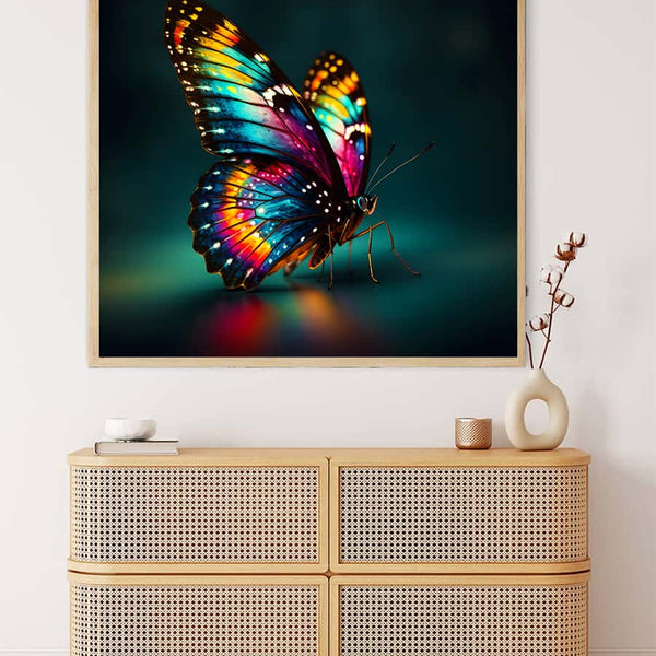 Painting by numbers of a colorful butterfly sitting, displayed above a modern rattan dresser with minimalistic decor.