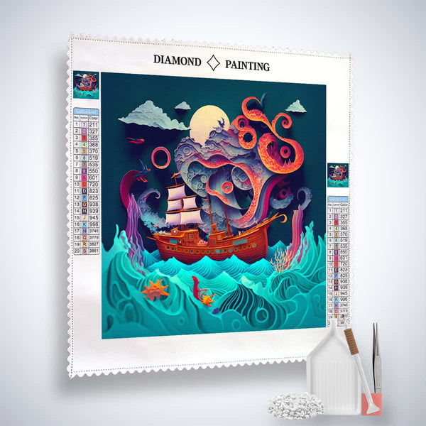Diamond Painting Kit - Raue See mit Krake, Profi-Leinwand, Acryl Diamonds, Künstler-Pinzette und Profi Setzstift