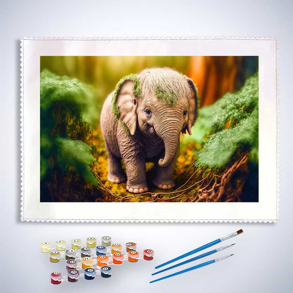 Malen nach Zahlen kleiner Elefant im Wald mit Pinseln und Farben, entspannendes DIY Kunstwerk.