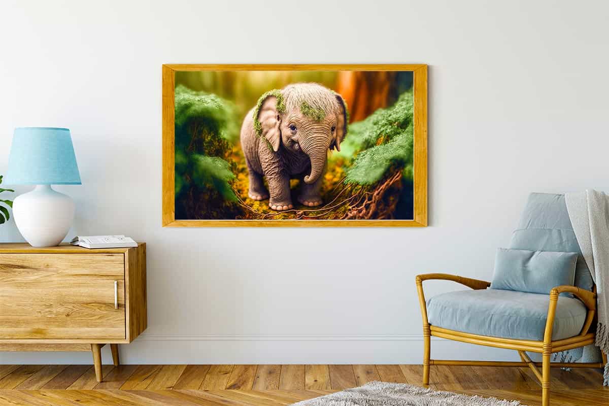 Painting by numbers of a small elephant in the forest displayed in a modern living room.