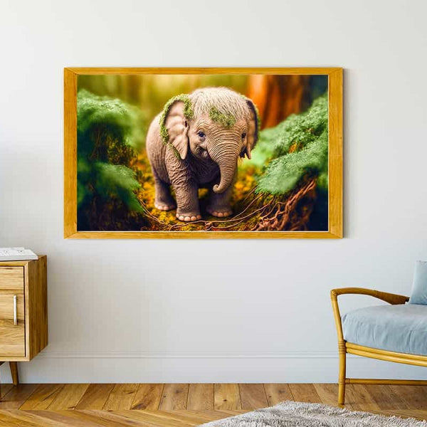 Painting by numbers of a small elephant in the forest displayed in a modern living room.