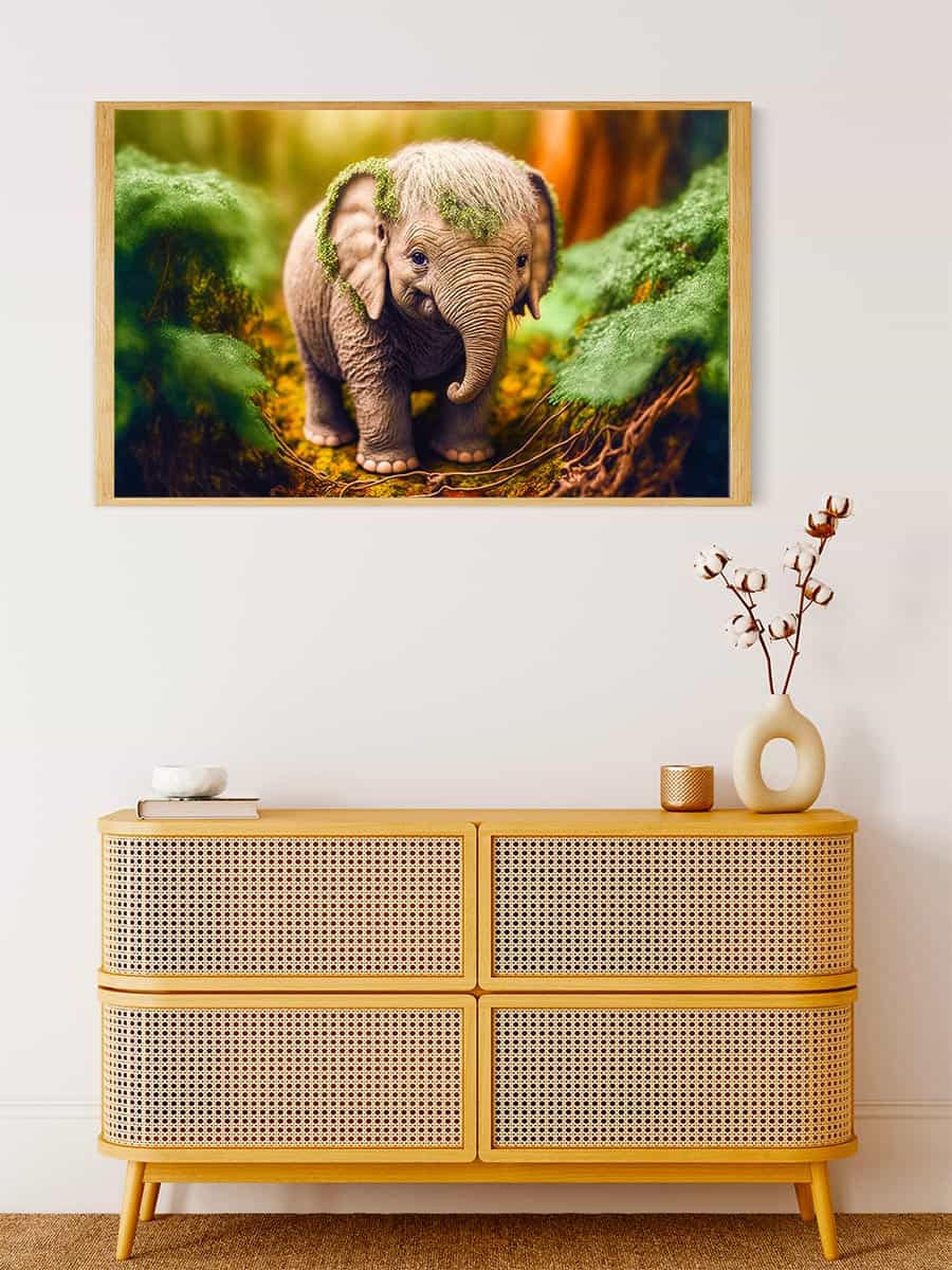 Diamond Painting Kleiner Elefant im Wald auf einem Sideboard, hochwertiges Komplettset für kreatives Erlebnis