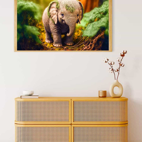 Diamond Painting Kleiner Elefant im Wald auf einem Sideboard, hochwertiges Komplettset für kreatives Erlebnis