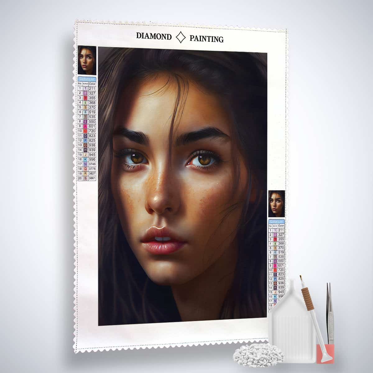 Diamond Painting Kit with Model Closeup, featuring sparkling acrylic diamonds, artist tools, and professional canvas for stunning artwork.