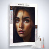 Diamond Painting Kit with Model Closeup, featuring sparkling acrylic diamonds, artist tools, and professional canvas for stunning artwork.