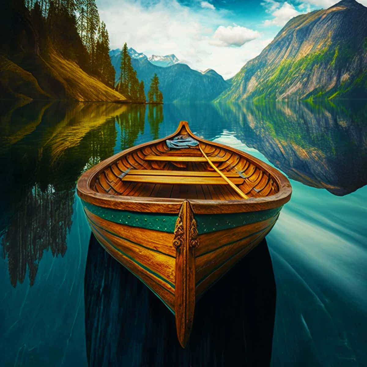 Wooden boat on tranquil mountain lake surrounded by stunning peaks and lush greenery, reflecting peaceful scenery in the water