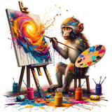 Monkey painting a colorful abstract artwork with splashes of vibrant paints on canvas, surrounded by paint jars and brushes.