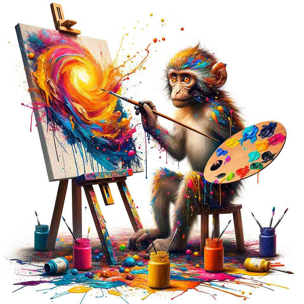 Monkey painting a colorful abstract artwork with splashes of vibrant paints on canvas, surrounded by paint jars and brushes.