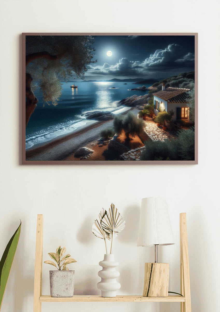 Painting by numbers kit "Good Night at the Ocean," featuring a serene moonlit beach scene with coastal cottage.