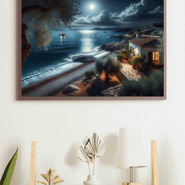 Painting by numbers kit "Good Night at the Ocean," featuring a serene moonlit beach scene with coastal cottage.