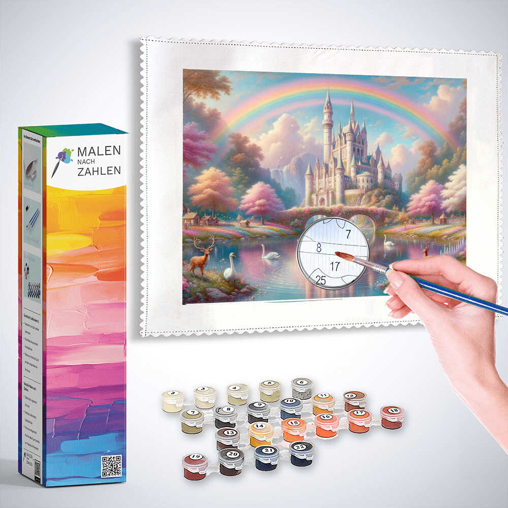 Schloss unter einem Regenbogen – Malen nach Zahlen