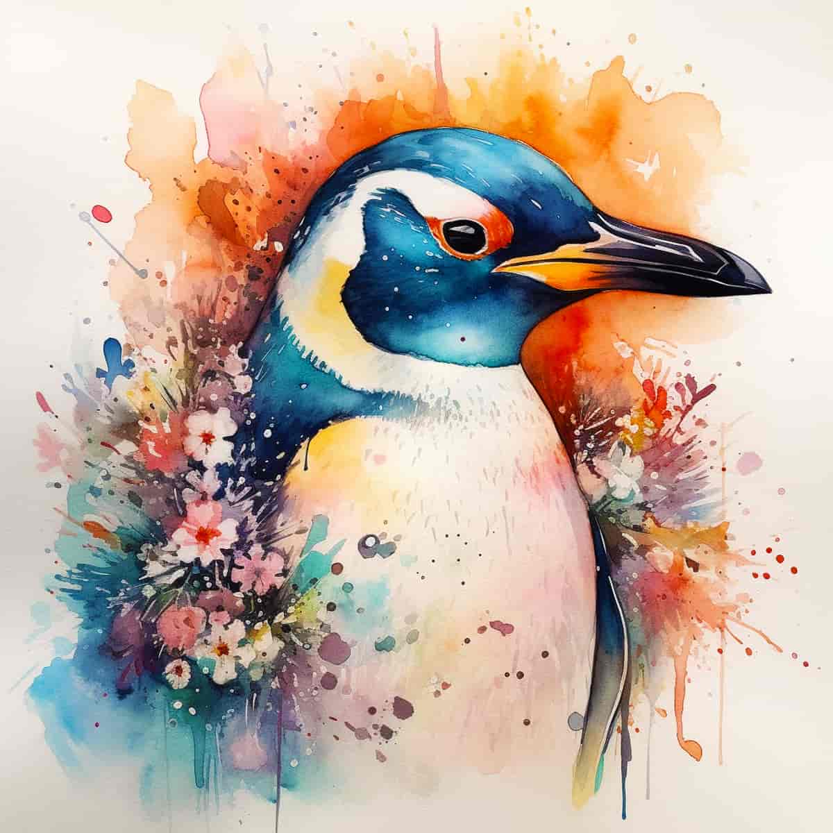 A vibrant paint-by-numbers artwork featuring a humorous penguin surrounded by colorful flowers and abstract splashes.