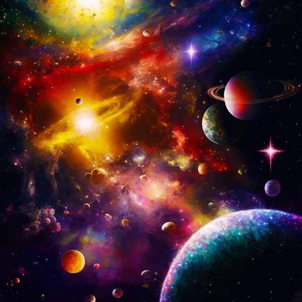 Malen nach Zahlen - Weltraumnebel - detailed space-themed paint-by-numbers with colorful nebulae, planets, and stars.