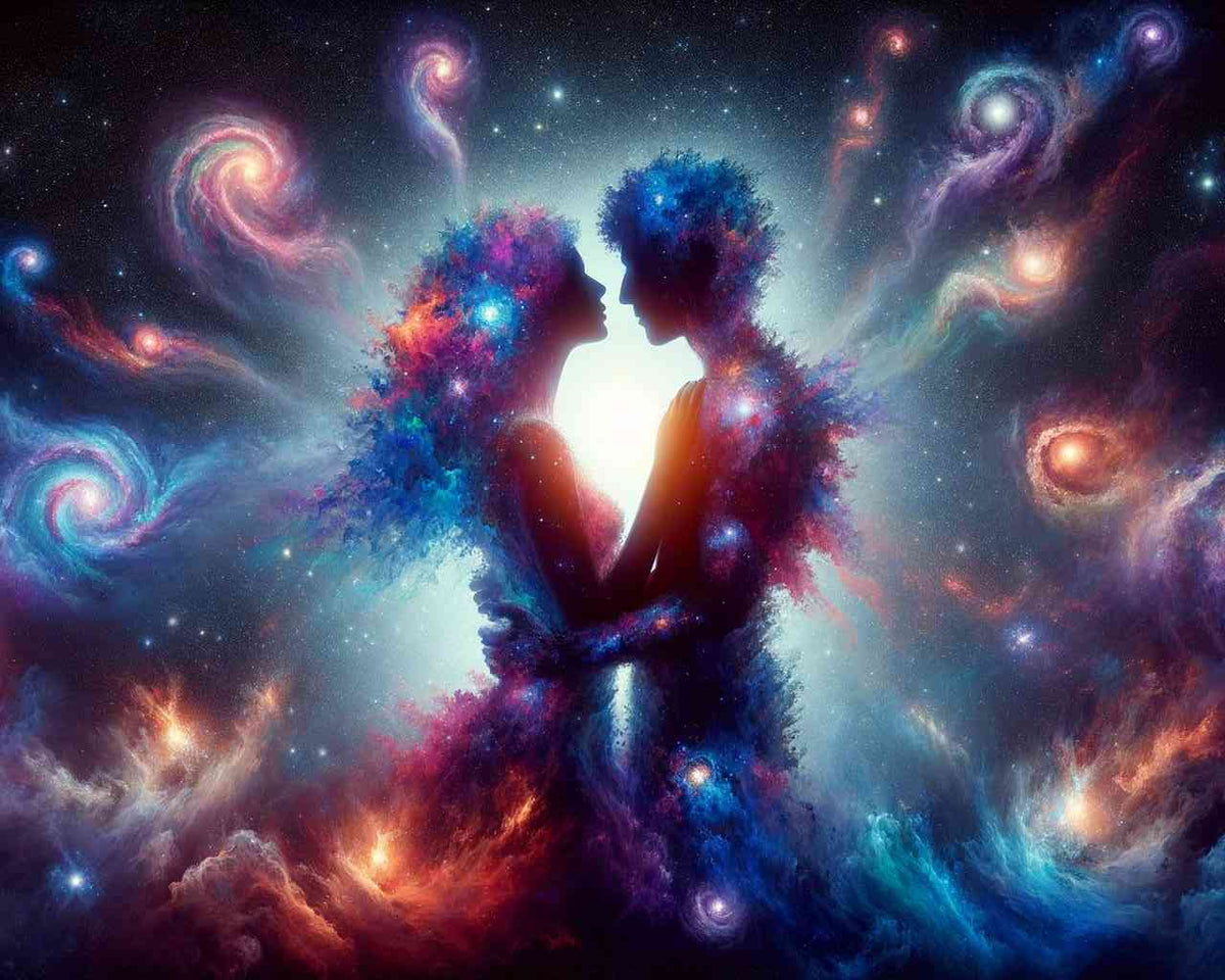 Zwei Gestalten im Sternennebel vereint, umgeben von leuchtenden, kosmischen Farben. "Malen nach Zahlen - Kosmisches Verlangen".