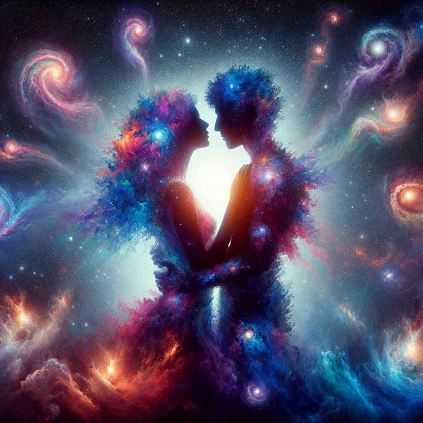 Zwei Gestalten im Sternennebel vereint, umgeben von leuchtenden, kosmischen Farben. "Malen nach Zahlen - Kosmisches Verlangen".