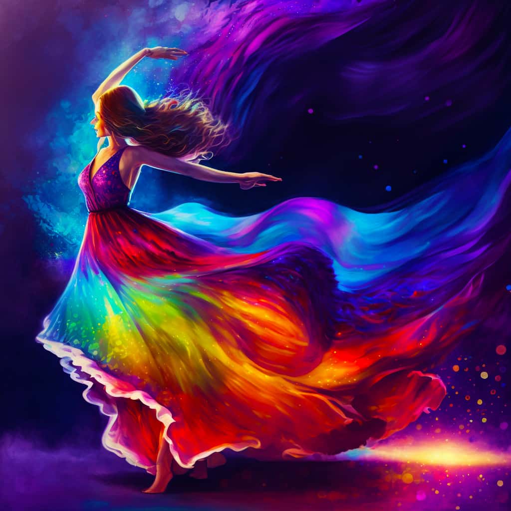 Woman dancing in a vibrant, rainbow-colored dress with flowing fabric, set against a colorful, artistic background