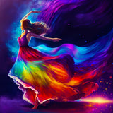 Woman dancing in a vibrant, rainbow-colored dress with flowing fabric, set against a colorful, artistic background