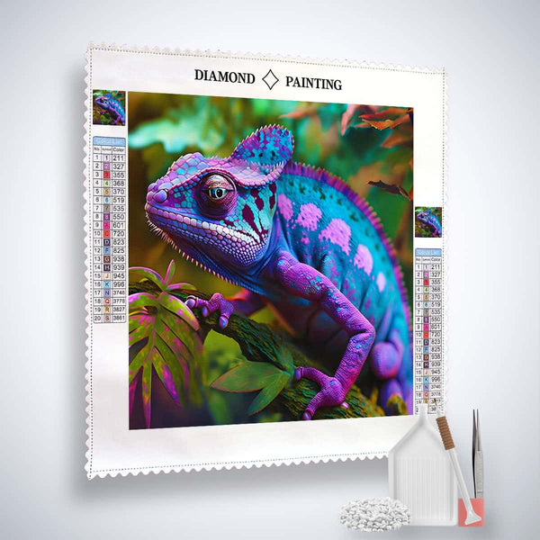 Diamond Painting Kit Lila Blaues Chamäleon – glitzerndes Kunstwerk mit edlen Acryl-Diamanten, Pinzette und Profi Setzstift.
