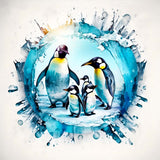 Diamond Painting Kit featuring penguins on ice with vibrant colors and acrylic diamonds. Includes canvas, tweezers, and set-up tools.