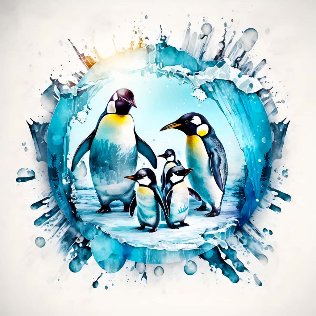 Diamond Painting Kit featuring penguins on ice with vibrant colors and acrylic diamonds. Includes canvas, tweezers, and set-up tools.