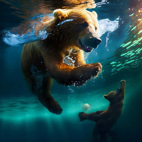 Mutterbär schwimmt mit ihrem Jungen im Wasser – Diamond Painting Motiv mit zwei Bären, die im Wasser spielen.