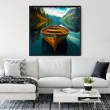 Painting of a boat on a calm lake surrounded by mountains, displayed above a white couch in a modern living room.