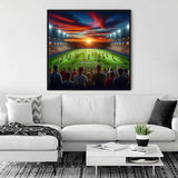 Painting of a stadium lit up in the evening sun, hanging above a white sofa in a modern living room with minimalistic decor.