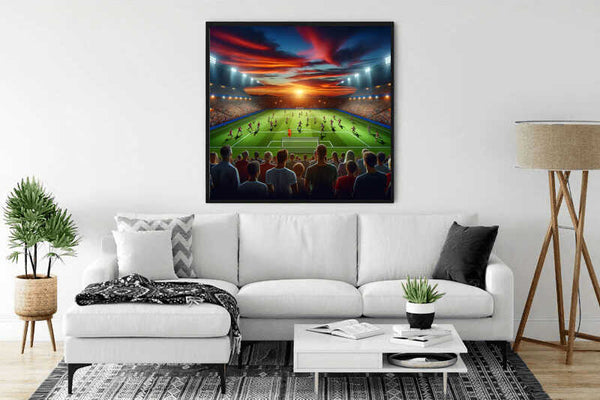 Painting of a stadium lit up in the evening sun, hanging above a white sofa in a modern living room with minimalistic decor.