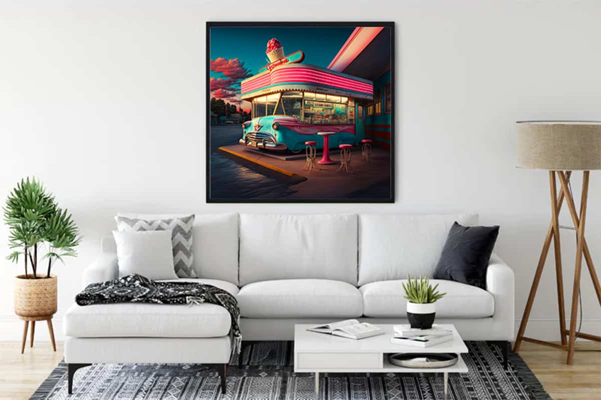 Retro-themed painting of a classic car at a historical gas station, displayed on a modern living room wall above a white couch.