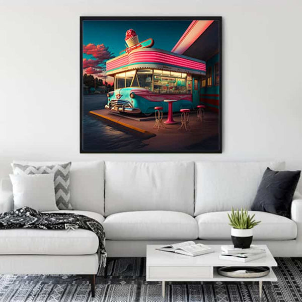 Retro-themed painting of a classic car at a historical gas station, displayed on a modern living room wall above a white couch.