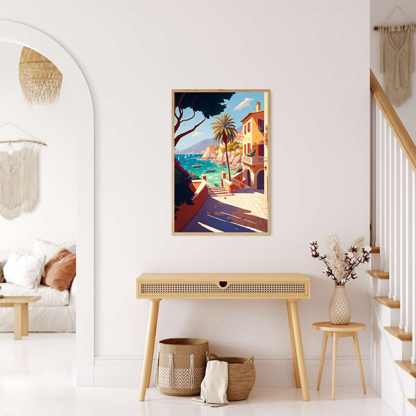 Modern living room with framed "Malen nach Zahlen - Italienische Träume" artwork featuring Italian coastal scenery.