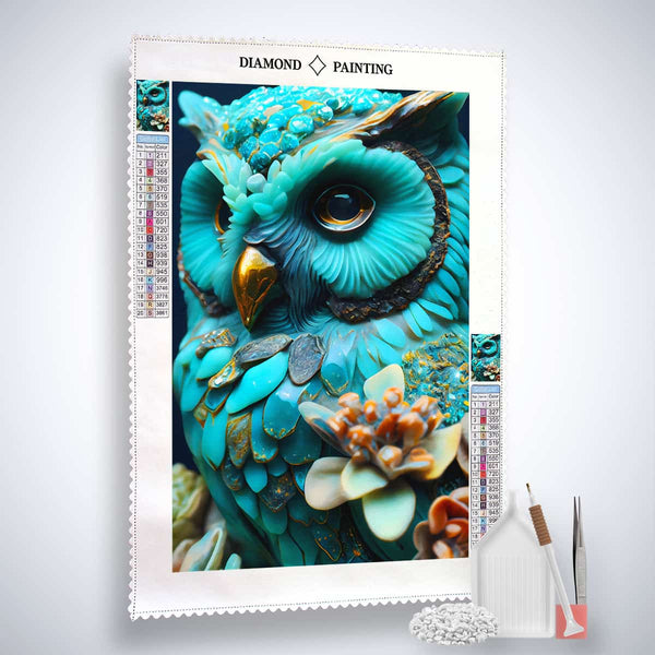 Diamond Painting Kit of a Vibrant Blue Owl with Tools and Acrylic Diamonds